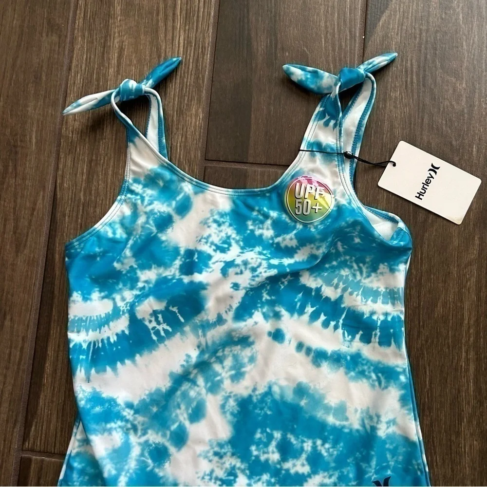 NWT Hurley Girls' Shoulder Tie One Piece Swimsuit in Blue Lagoon Sz L